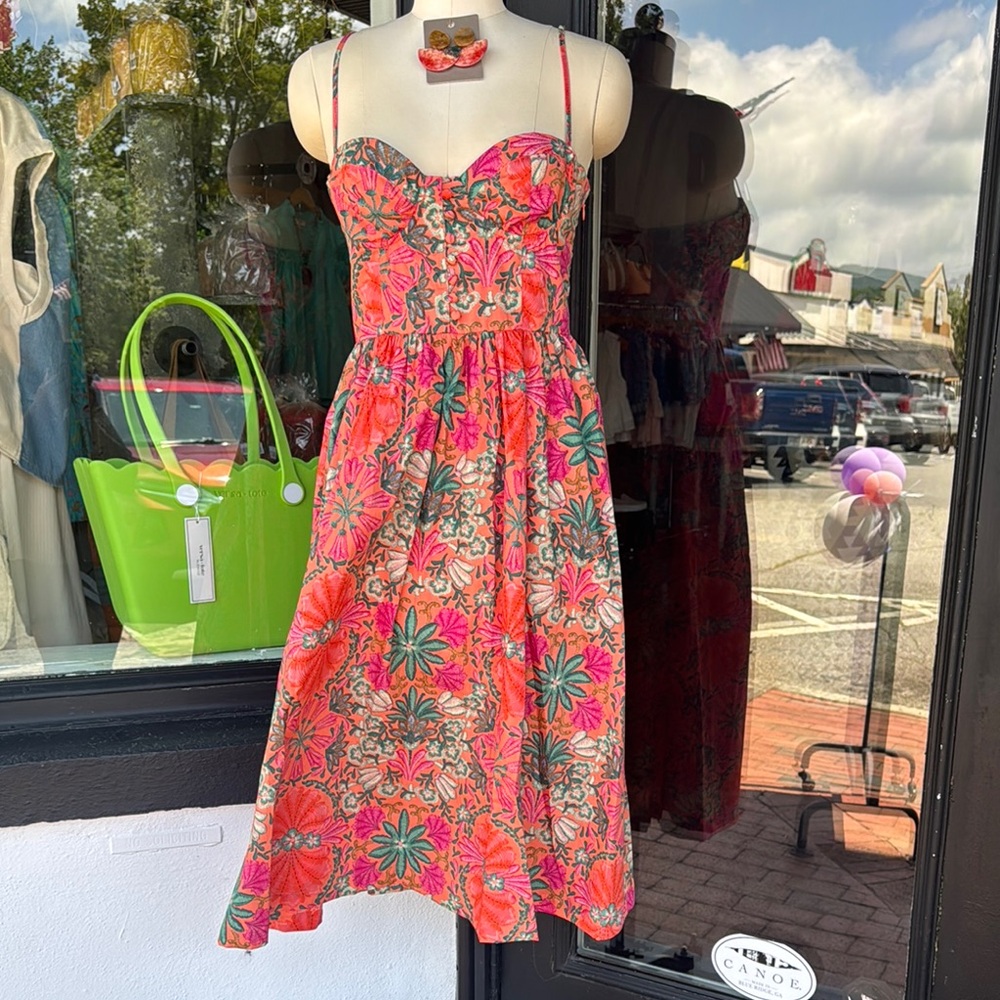Floral Spaghetti Strap Dress green, orange, pink through out